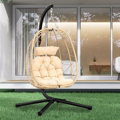 Hanging Egg Chair with Stand Swing Chair Wicker Indoor Outdoor Hammock Egg Chair with Cushions 330Lbs for Patio, Bedroom, Garden and Balcony, Beige