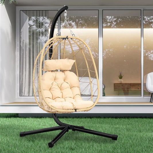 Hanging Egg Chair with Stand Swing Chair Wicker Indoor Outdoor Hammock Egg Chair with Cushions 330Lbs for Patio, Bedroom, Garden and Balcony, Beige