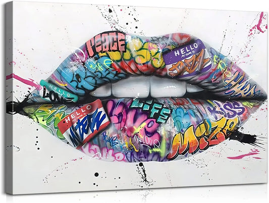 Graffiti Lips Decor Lip Canvas Wall Art Graffiti Canvas Wall Art Colorful Paintings for Bedroom Decor (24''Hx36''W)