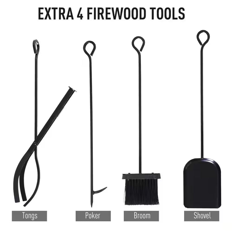 33 In. L Wrought Iron Indoor Outdoor Fireplace Tool Set Log Rack Holder with Fireplace Tools