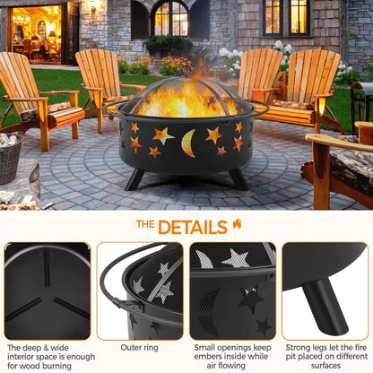 Iron Fire Pit with Poker Mesh Cover for BBQ Backyard Patio, Black