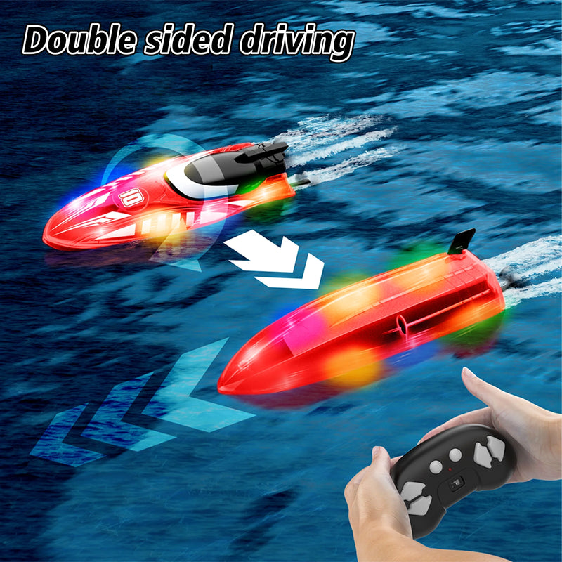 Remote Control Boat with LED Lights, 2.4G RC Electric Speed Boat, Waterproof, Includes Batteries - Red