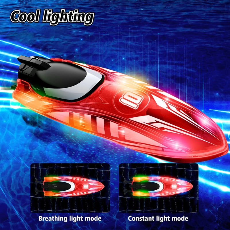 Remote Control Boat with LED Lights, 2.4G RC Electric Speed Boat, Waterproof, Includes Batteries - Red