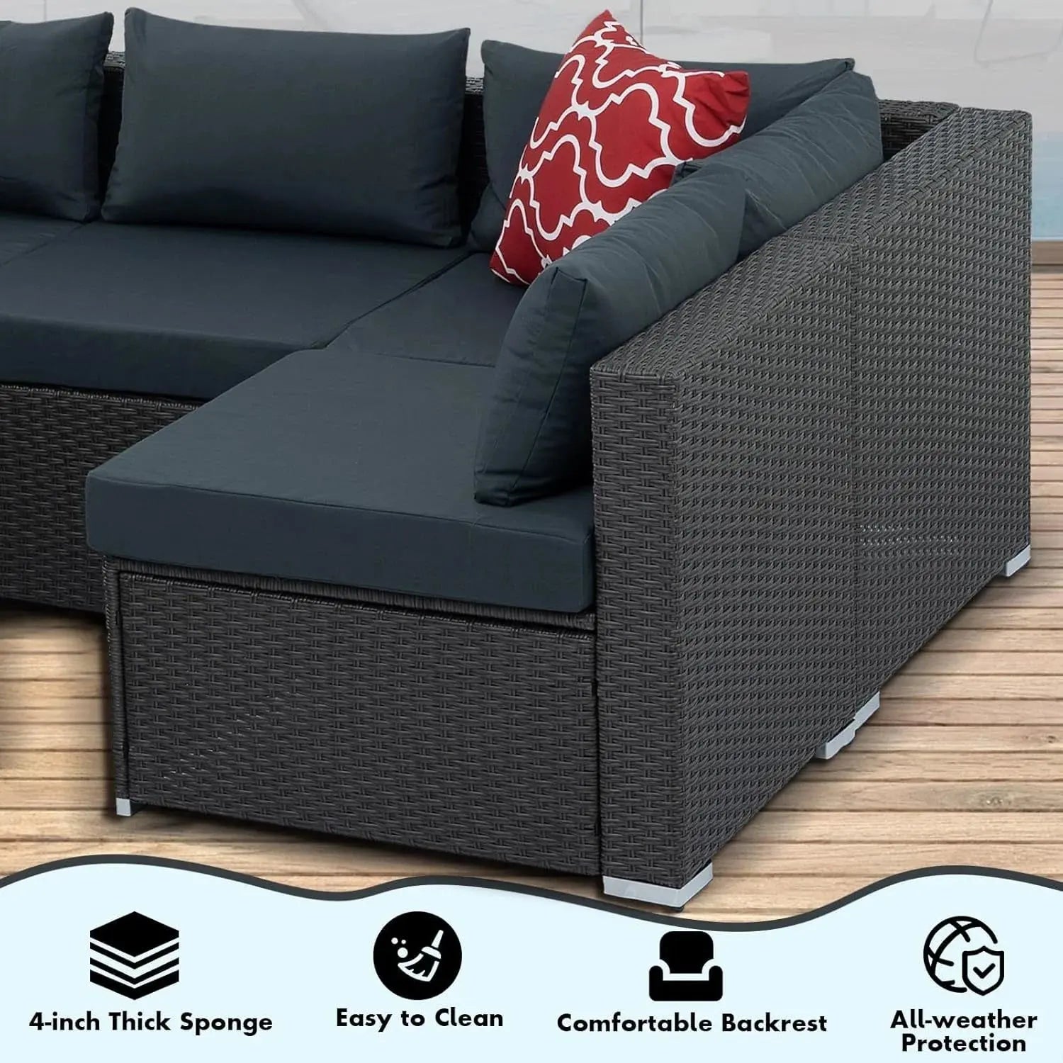 7 Piece Patio Furniture Sets Outdoor Sectional PE Rattan Outdoor Furniture Patio Conversation Set with Cushions and Glass Coffee Table, for Balcony Lawn and Garden, Dark Gray