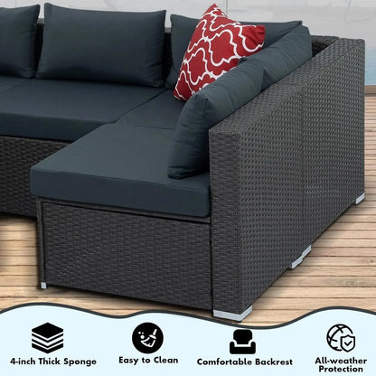 7 Piece Patio Furniture Sets Outdoor Sectional PE Rattan Outdoor Furniture Patio Conversation Set with Cushions and Glass Coffee Table, for Balcony Lawn and Garden, Dark Gray