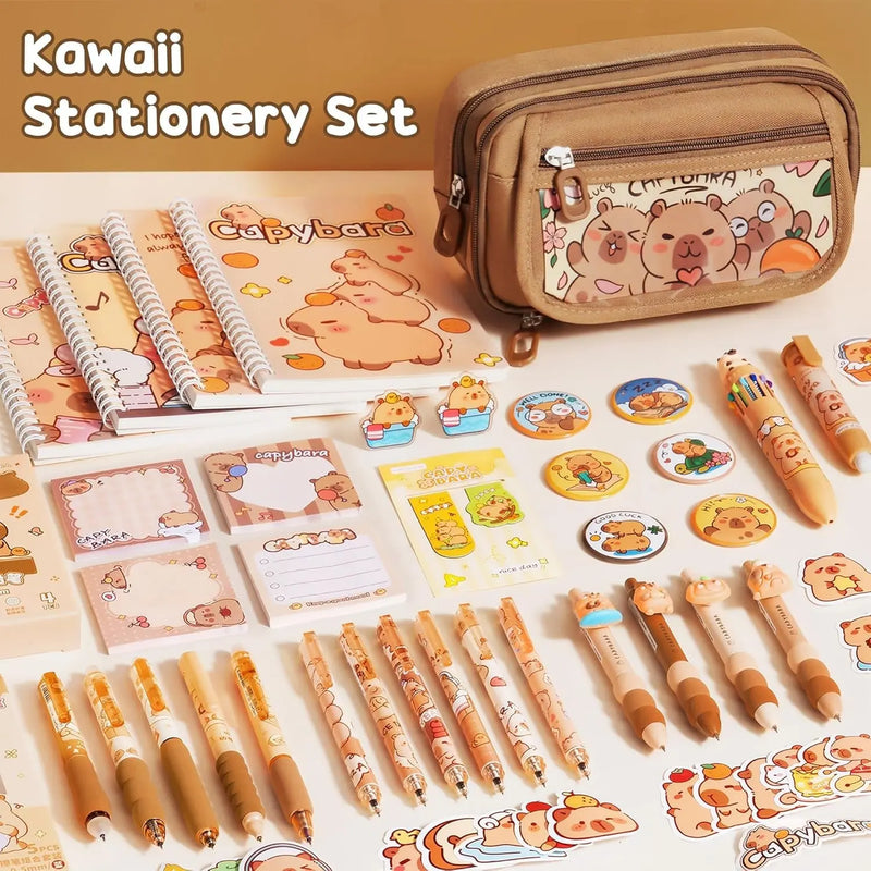Kids School Supplies for Girls Boys, 36PCS Cute Capybara Stationery Set with Pencil Case Gel Pens Pencil Stickers Pins Notebooks Sticky Notes Kawaii Birthday Gifts for Kindergarten Elementary
