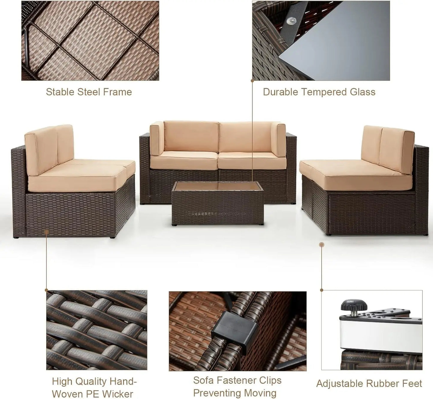 7-Piece Outdoor Patio Furniture Set with PE Rattan Wicker Sofa, Cushions, and Tea Table in Brown