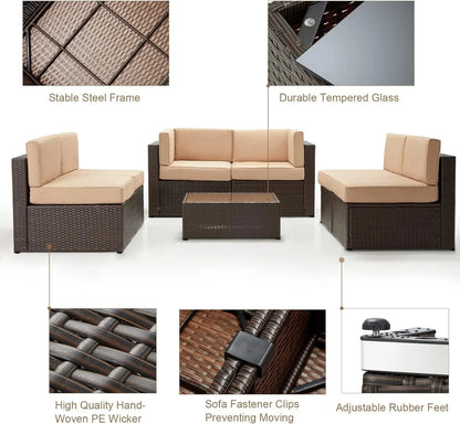 7-Piece Outdoor Patio Furniture Set with PE Rattan Wicker Sofa, Cushions, and Tea Table in Brown