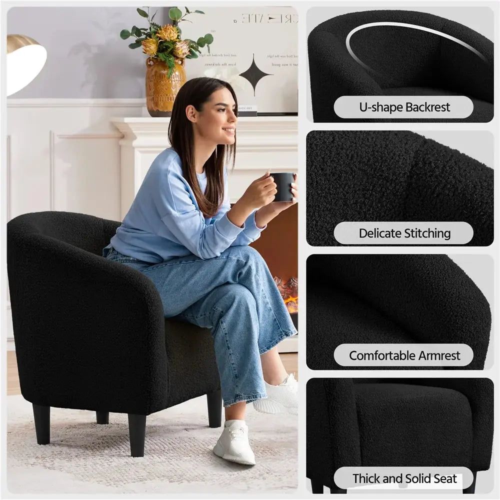 Upholstered Boucle Club Chair Accent Barrel Chair, Black