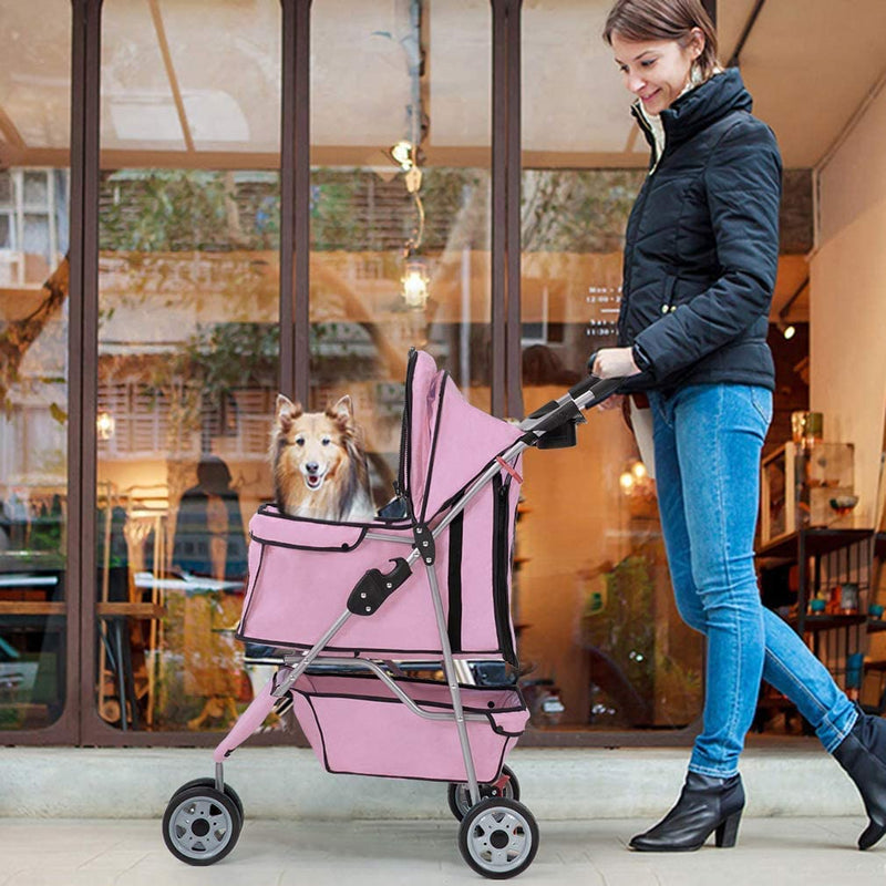 Stylish Pink Pet Stroller for Small Dogs & Cats – Waterproof, Easy to Travel with Cup Holder!