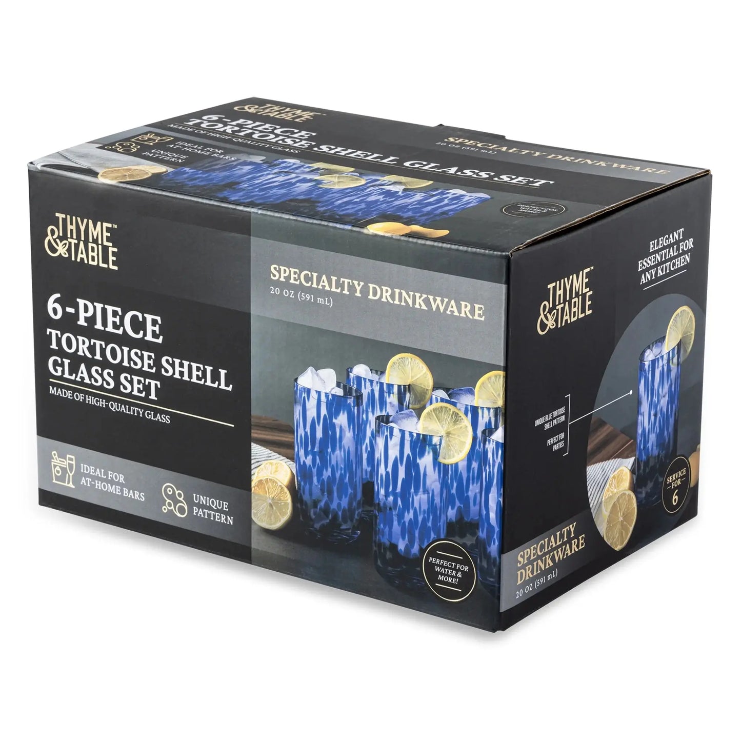 20 Fl Oz Blue Tortoise Drinking Glasses, Set of 6