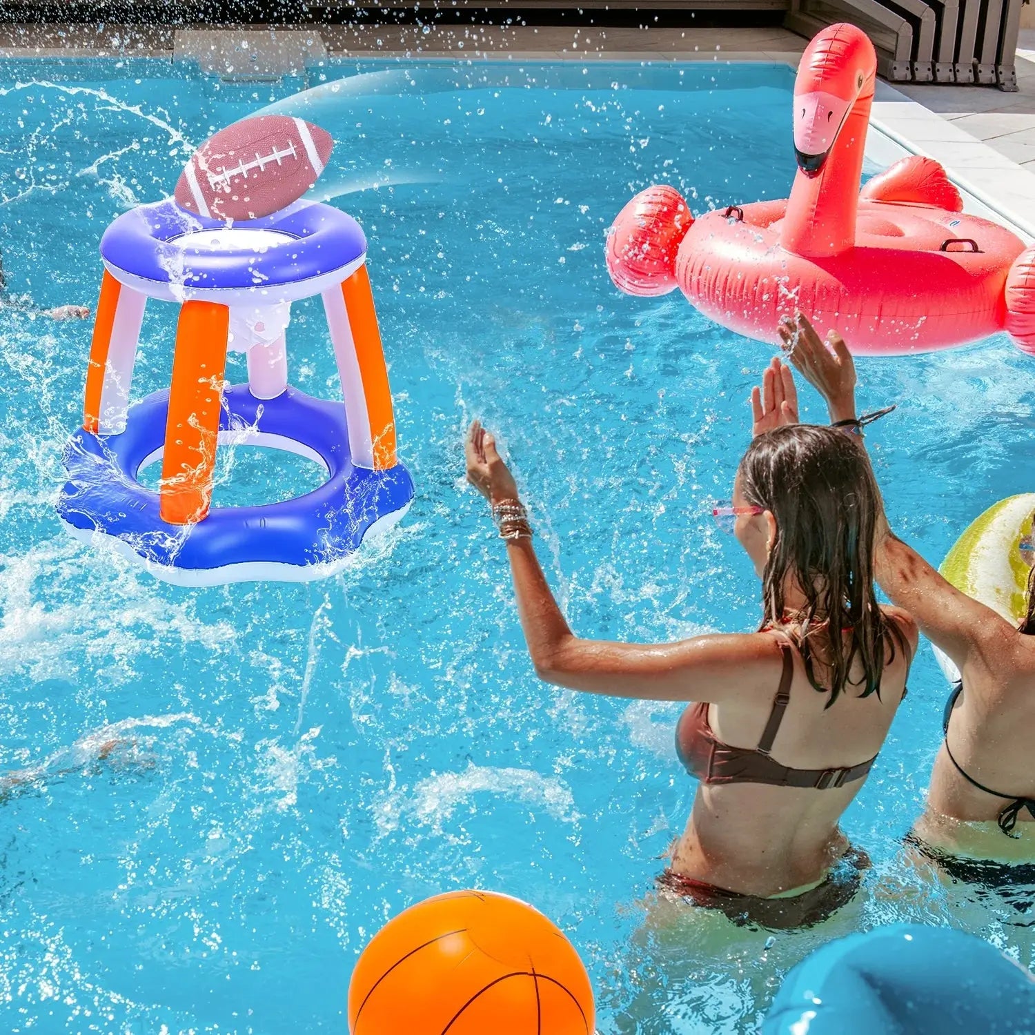 Inflatable Pool Toys, 2-In-1 Swimming Pool Basketball &amp; Volleyball Sets, Floating Basketball Hoop and Water Football, Summer Pool Game for Kids and Adults