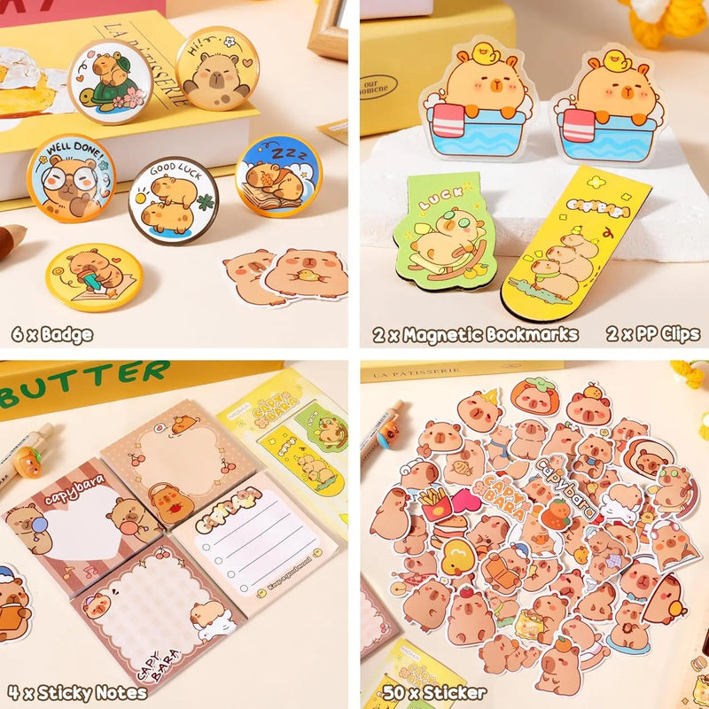 Kids School Supplies for Girls Boys, 36PCS Cute Capybara Stationery Set with Pencil Case Gel Pens Pencil Stickers Pins Notebooks Sticky Notes Kawaii Birthday Gifts for Kindergarten Elementary