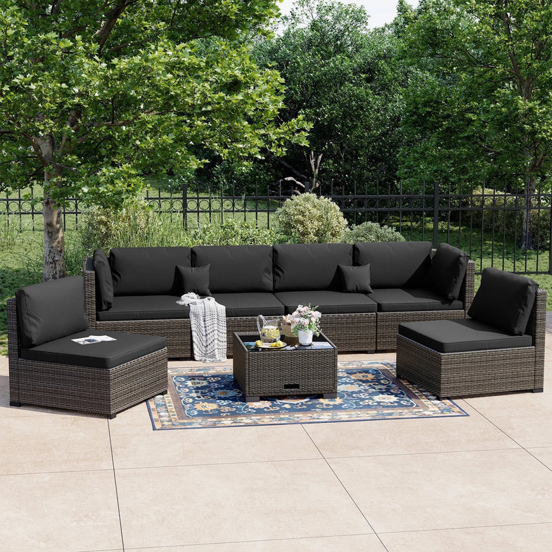 7-Piece Outdoor Patio Furniture Set, All-Weather PE Rattan Sectional Sofa with Cushions and Coffee Table