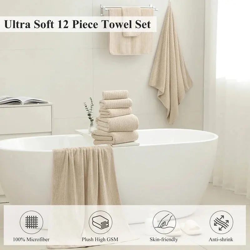 12 Piece Camel Bath Towel Set for Bathroom-4 Bath Towels,4 Hand Towels,4 Washcloths Soft and Plush Highly Absorbent Towel for Hotel & Spa