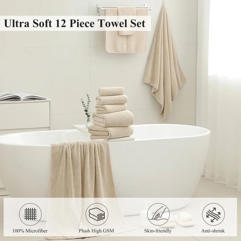 12 Piece Camel Bath Towel Set for Bathroom-4 Bath Towels,4 Hand Towels,4 Washcloths Soft and Plush Highly Absorbent Towel for Hotel & Spa