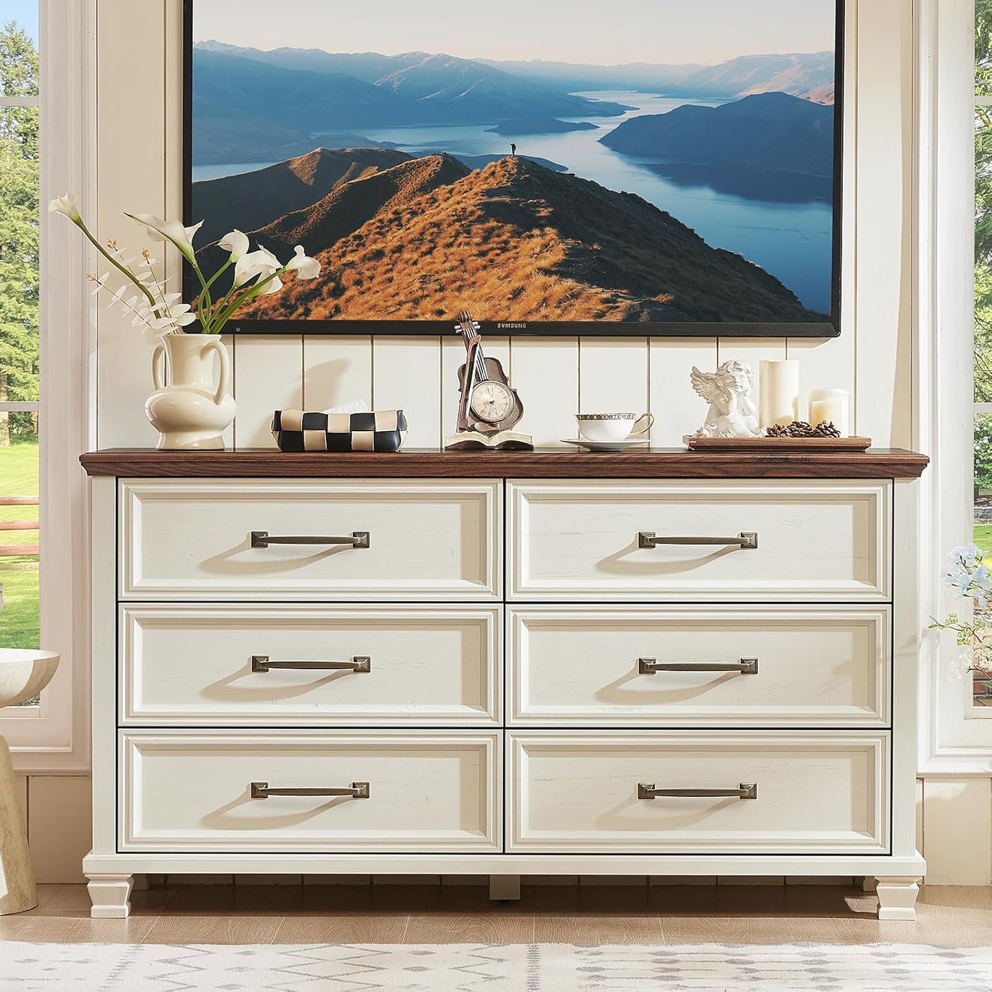 Charming Farmhouse Bedroom Dresser and Nightstand Set - Rustic 6 Drawer Tall & Low Dresser with 2 USB Ports and 2 Drawer Nightstand for Elegant Storage Solutions in White