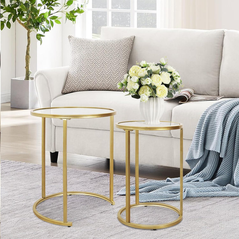 Set of 2 Gold Glass Nesting Side Tables - Round Stacking Coffee Tables for Small Spaces, Ideal for Living Room and Bedroom Decor