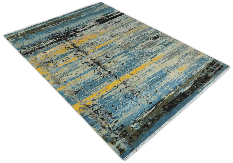 10x14 Fine Hand Knotted Blue and Black Modern Abstract Style Antique Wool and Silk Area Rug | AGR49 The Rug Decor