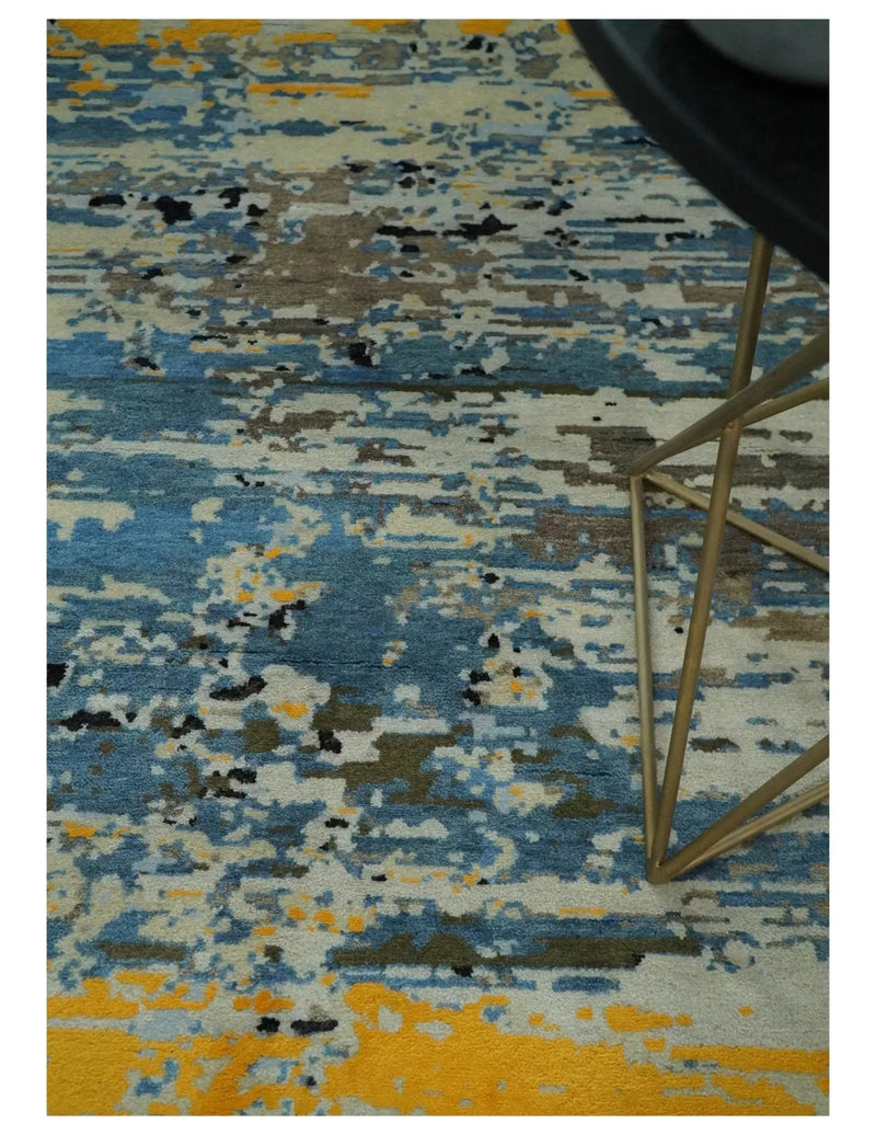 10x14 Fine Hand Knotted Blue and Black Modern Abstract Style Antique Wool and Silk Area Rug | AGR49 The Rug Decor