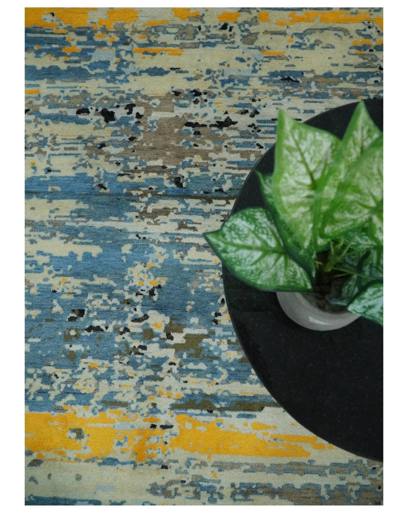 10x14 Fine Hand Knotted Blue and Black Modern Abstract Style Antique Wool and Silk Area Rug | AGR49 The Rug Decor