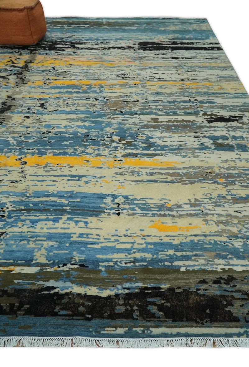 10x14 Fine Hand Knotted Blue and Black Modern Abstract Style Antique Wool and Silk Area Rug | AGR49 The Rug Decor