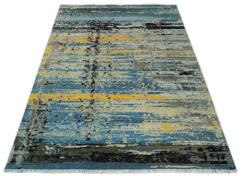10x14 Fine Hand Knotted Blue and Black Modern Abstract Style Antique Wool and Silk Area Rug | AGR49 The Rug Decor