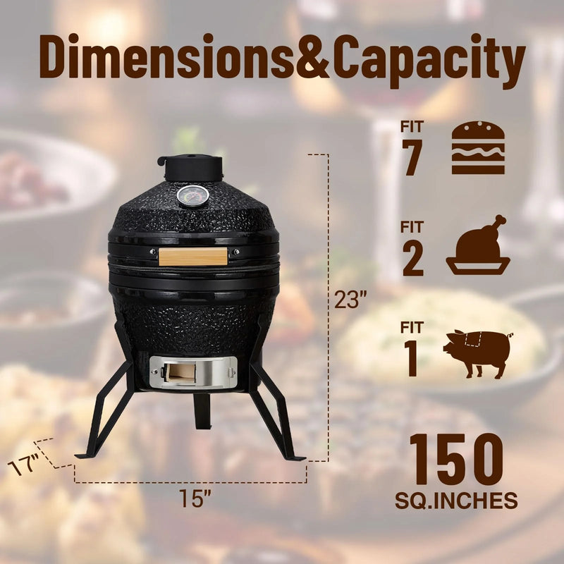 13-Inch Portable Ceramic Charcoal Grill with Stand, Egg-Shaped Design, 10.6-Inch Stainless Steel Cooking Grate, Heat Deflectors, and Ash Tool for Camping and Outdoor Grilling