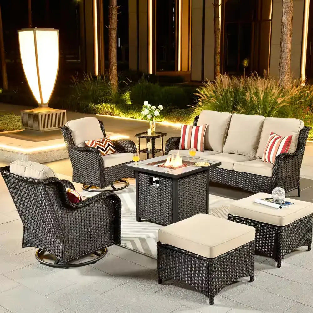 New Kenard Brown 7-Piece Wicker Patio Fire Pit Conversation Set with Beige Cushions and Swivel Rocking Chairs