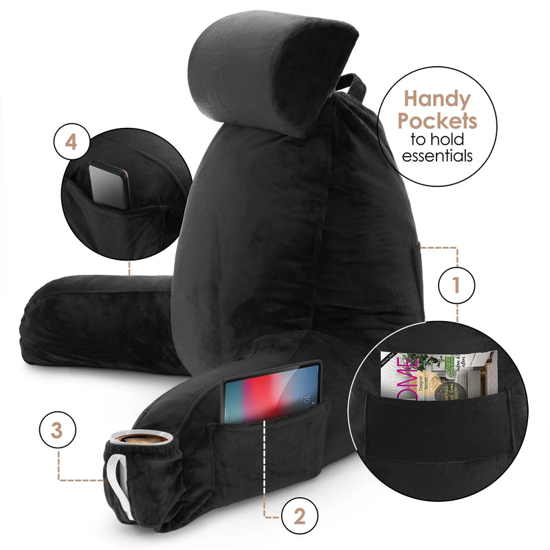 Reading Pillow Bonus Portable Lap Desk Stand for Laptop, Back Rest Pillow for Sitting in Bed, Shredded Memory Foam Bed Rest Pillow with Arms and Pockets, Large, Black