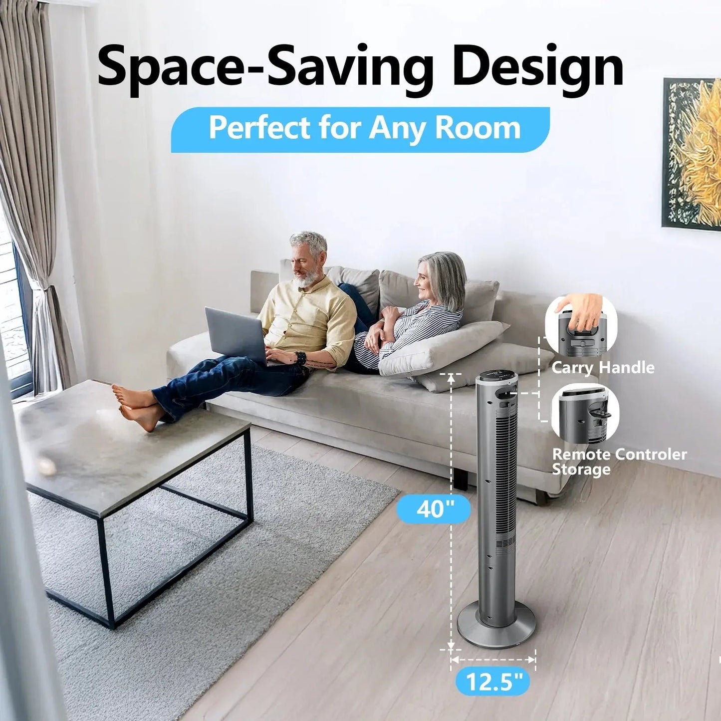 Tower Fan with Remote, 40" Bladeless Fan for Home, 70° Oscillation, 3 Speeds, 2 Modes, 15H Timer Quiet AC Motor Floor Fan for Bedroom, Office, Gray