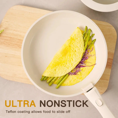 20-Piece Non-Stick Ceramic Cookware Set with Detachable Handles, Oven Safe and Induction Compatible, Stackable RV Kitchen Set in Cream White