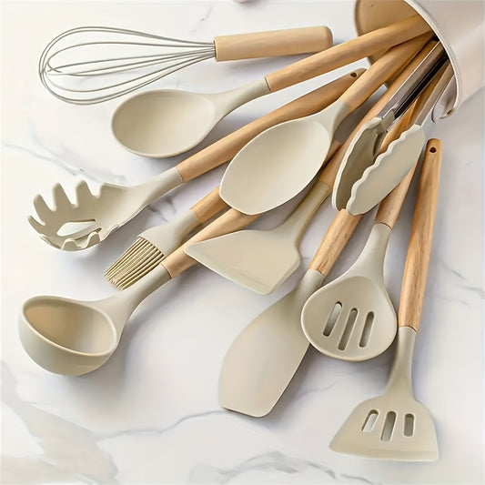 12pcs Silicone Cooking Kitchen Utensils Set with Wooden Handle