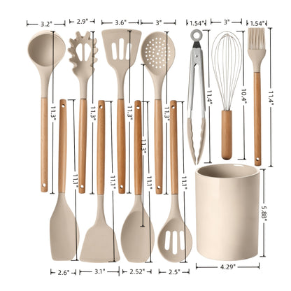 12pcs Silicone Cooking Kitchen Utensils Set with Wooden Handle