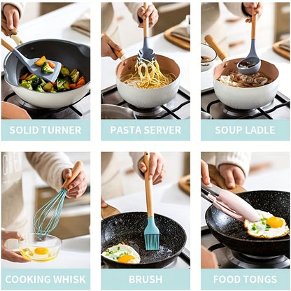 12pcs Silicone Cooking Kitchen Utensils Set with Wooden Handle