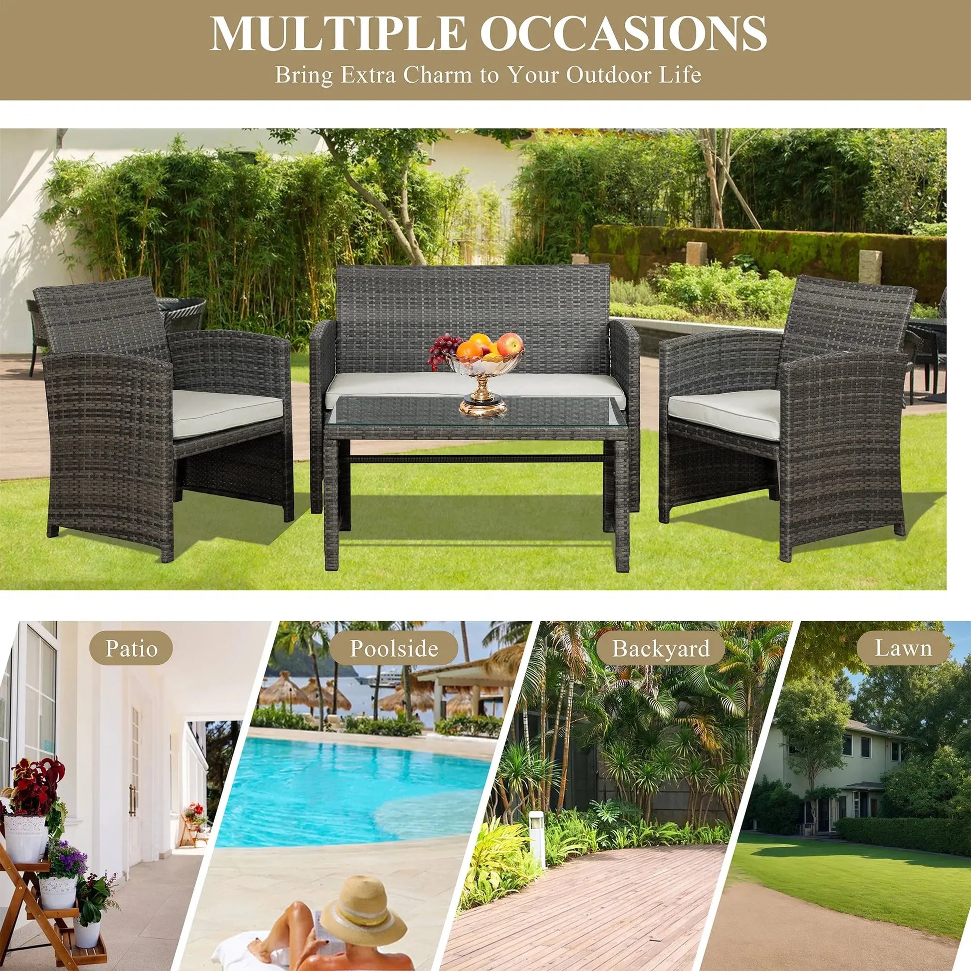 4-Piece Patio Rattan Furniture Set with Cushions & Tempered Glass Tabletop, White
