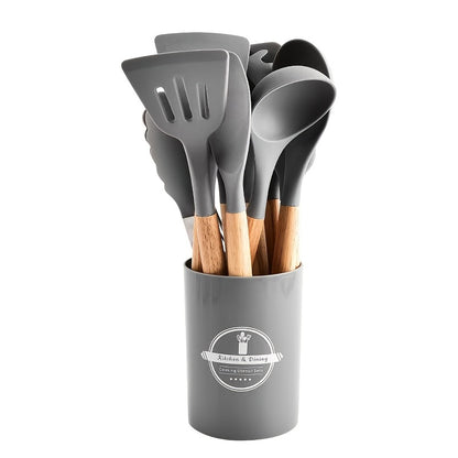 12pcs Silicone Cooking Kitchen Utensils Set with Wooden Handle