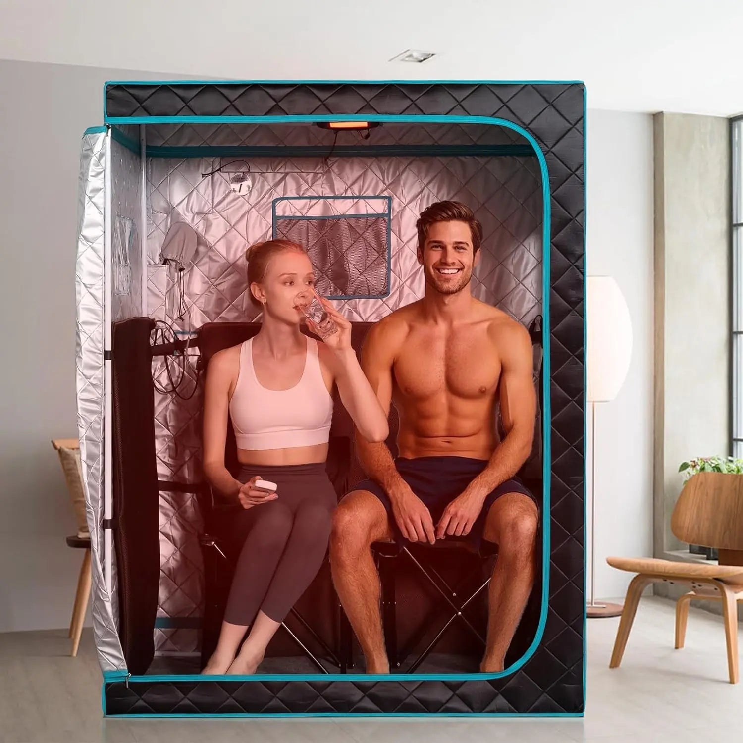 Portable Far Infrared Sauna, Home Two Person Sauna Box with 660Nm Red Light Therapy Lamp, X-Large Full Size Indoor SPA Tent for Body Recovery, Remote Control, 2 Folding Chairs, Blackgreen