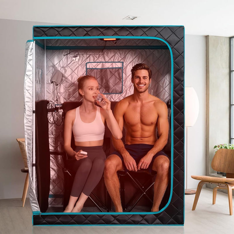 Portable Far Infrared Sauna, Home Two Person Sauna Box with 660Nm Red Light Therapy Lamp, X-Large Full Size Indoor SPA Tent for Body Recovery, Remote Control, 2 Folding Chairs, Blackgreen
