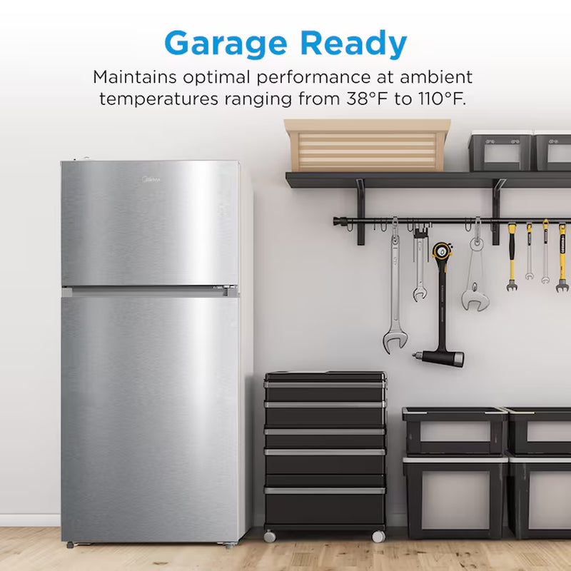 Upgrade your kitchen with this sleek, fingerprint-resistant 18.1-Cu Ft Top-Freezer Refrigerator! Perfect for your garage and ENERGY STAR certified! 🌟 #HomeAppliances #EcoFriendly