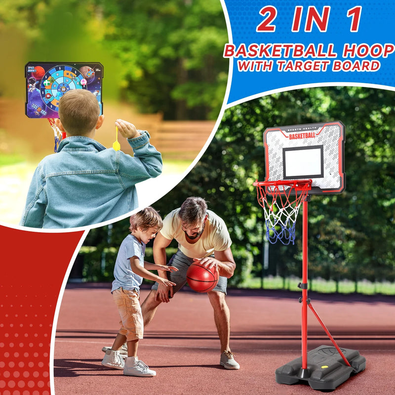 Kids Basketball Hoop, 2-In-1 Toddler Basketball Goal with Dart Board & 4 Balls, Adjustable Height 2.9Ft-6.2Ft, Outdoor Basketball Toy Gifts for 3-12 Year Old Boys Girls