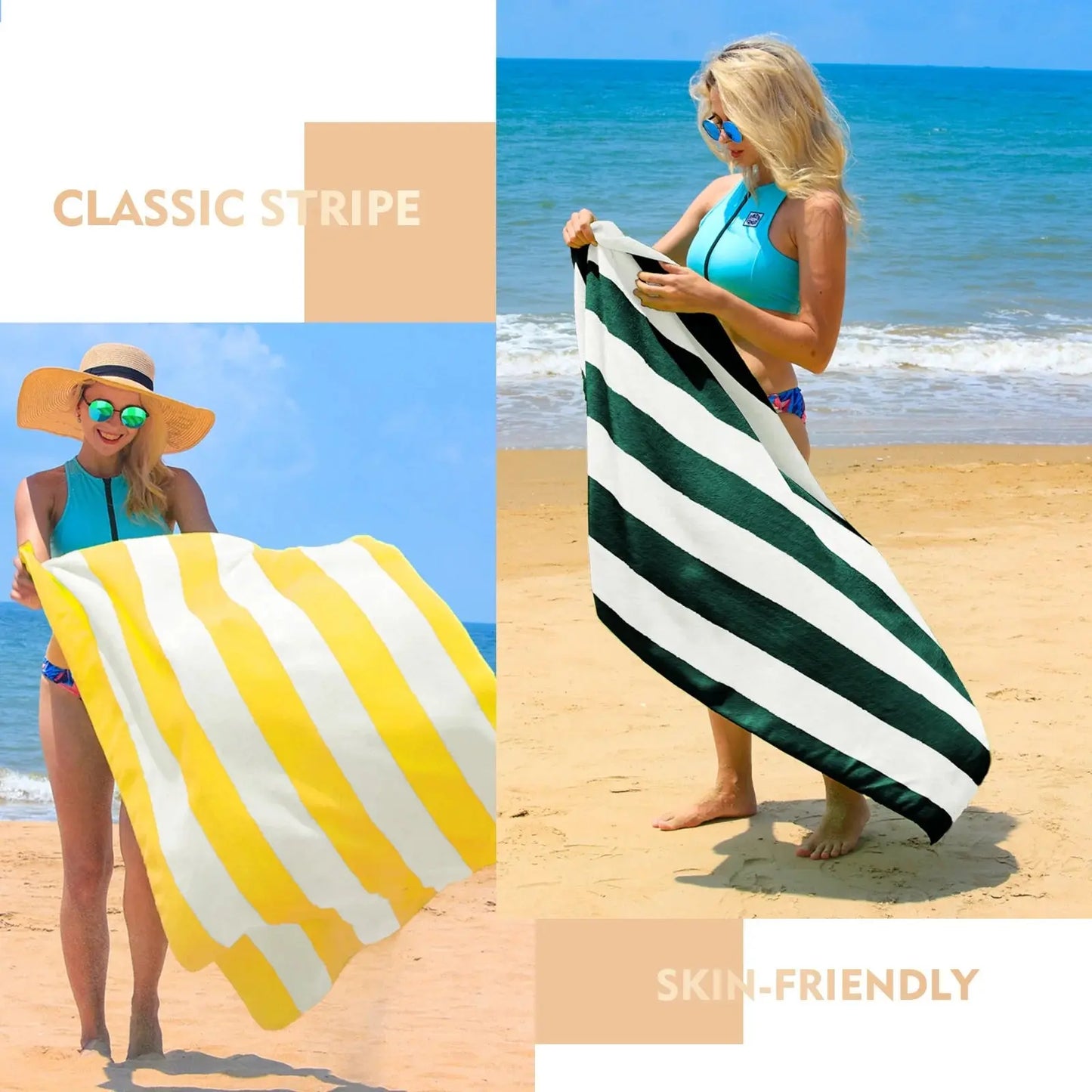 2-Pack Cotton Oversized 35"X70" Cabana Stripe Beach Towels, Super Absorbent Soft Plush Pool Towel, Bath Towel (Forest Green)