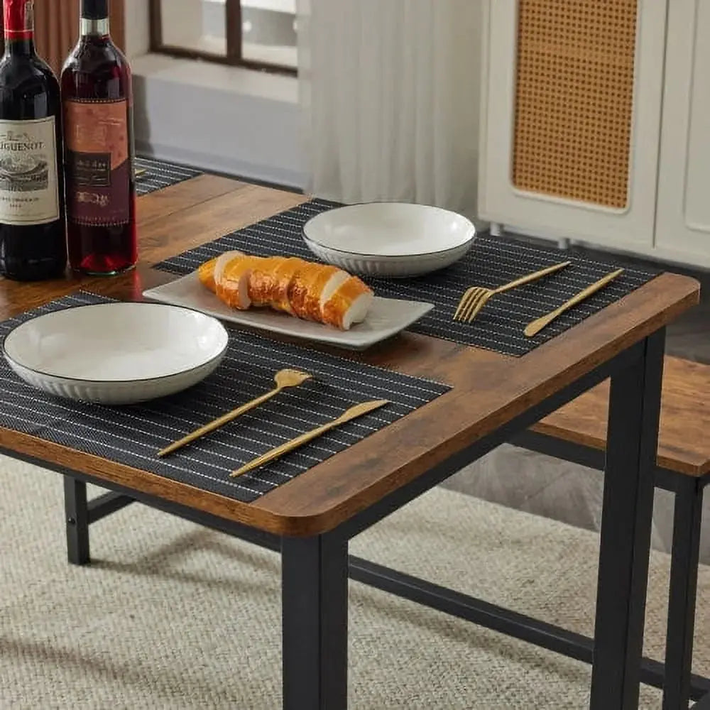 Ktaxon Extendable Dinner Table for 6 Dining Room Table Set Rectangle Kichen Table with Two Benches 63" W Fire Wood and Black