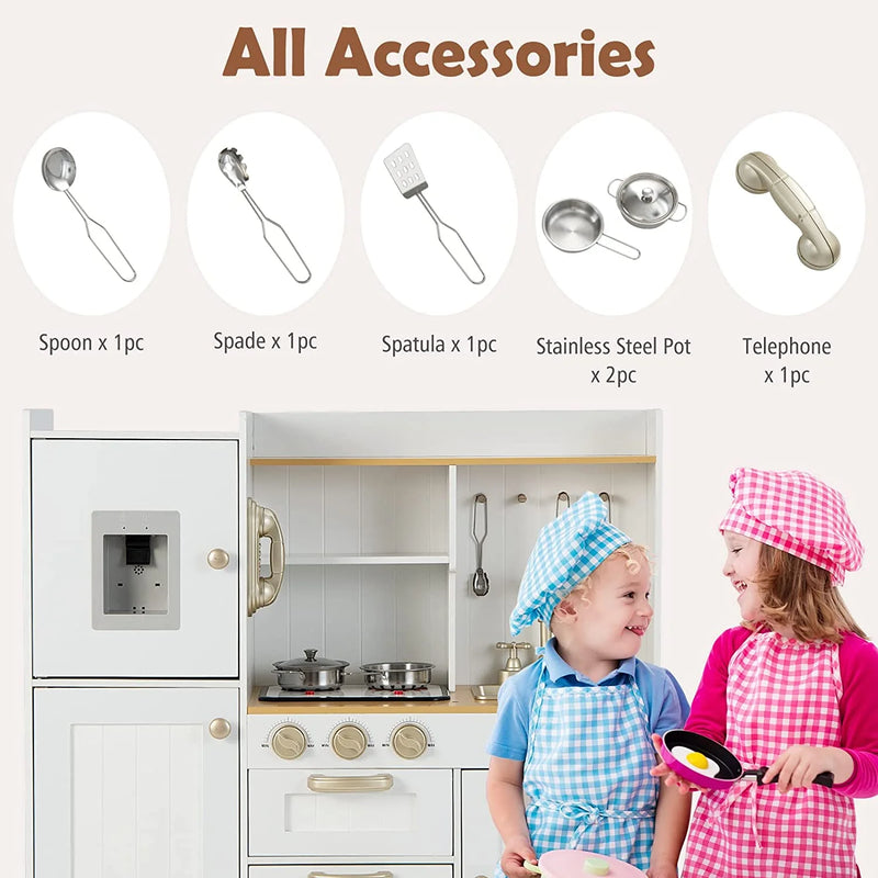 Kid Kitchen Playset, Toddler Wooden Pretend Cooking Set with Realistic Light & Sound, Stove, Sink, Microwave, Storage Cabinet,Pretend Play Kitchen Toy Set for Children Boys Girls