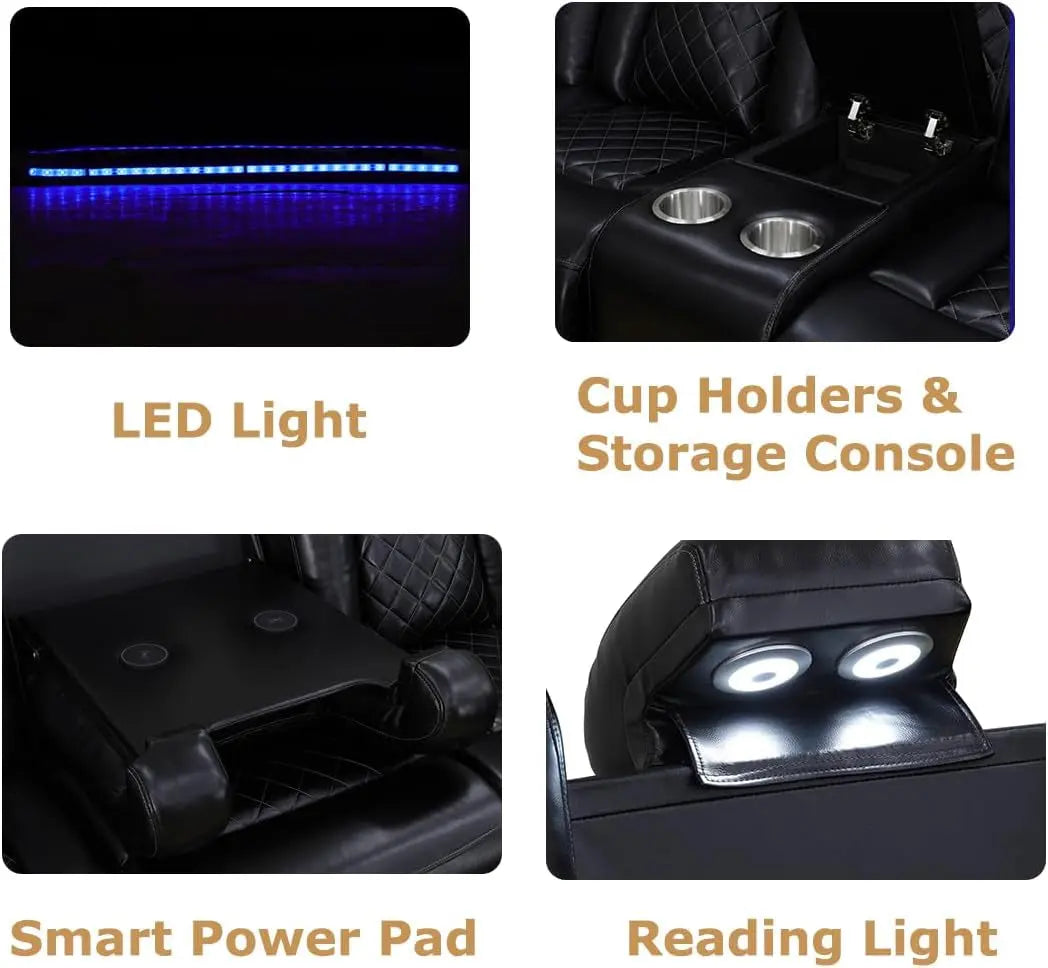 Power Recliner Sofa Set, Black Leather 3 Pieces Sectional Couch, Living Room Furniture Sets with LED Light, Modern Power Reclining Sets with Storage Console/Cup Holder for Living Room