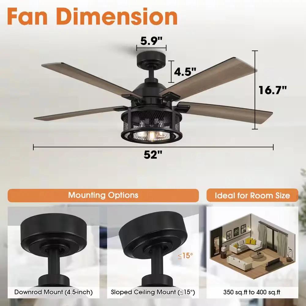 52 In. Indoor Industrial Mesh Metal Reversible Blades Black Ceiling Fan with Light Kit and Remote Control