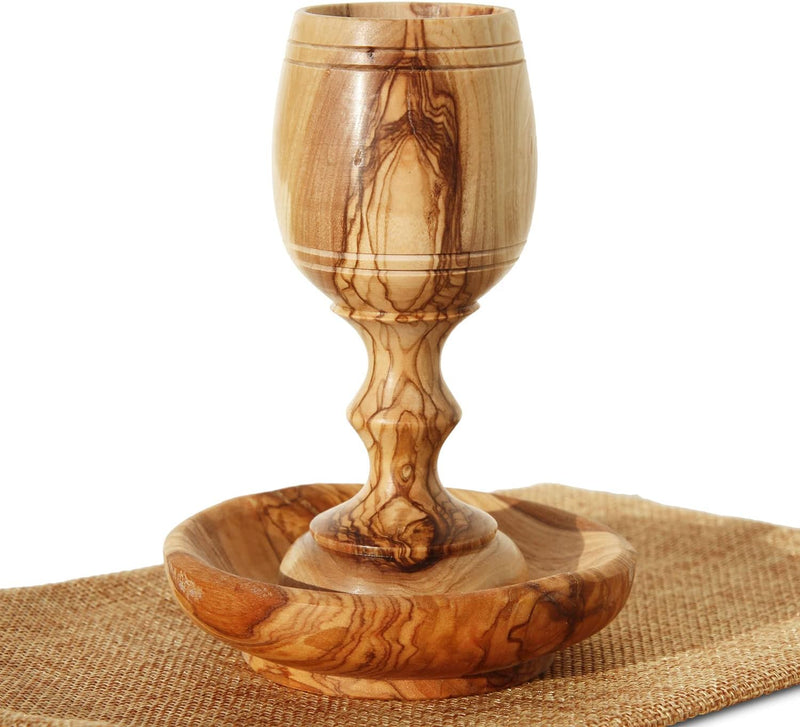 Hand-Carved Olive Wood Communion Cup with Bread Tray.