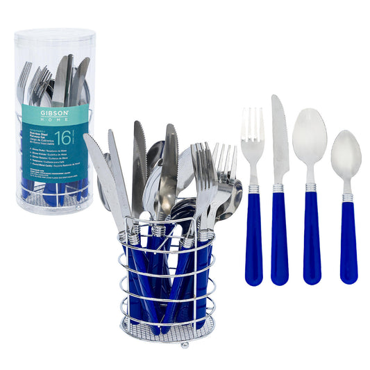 Gibson Home Sensations 16 Piece Stainless Steel Flatware Set with Wire Caddy, Blue