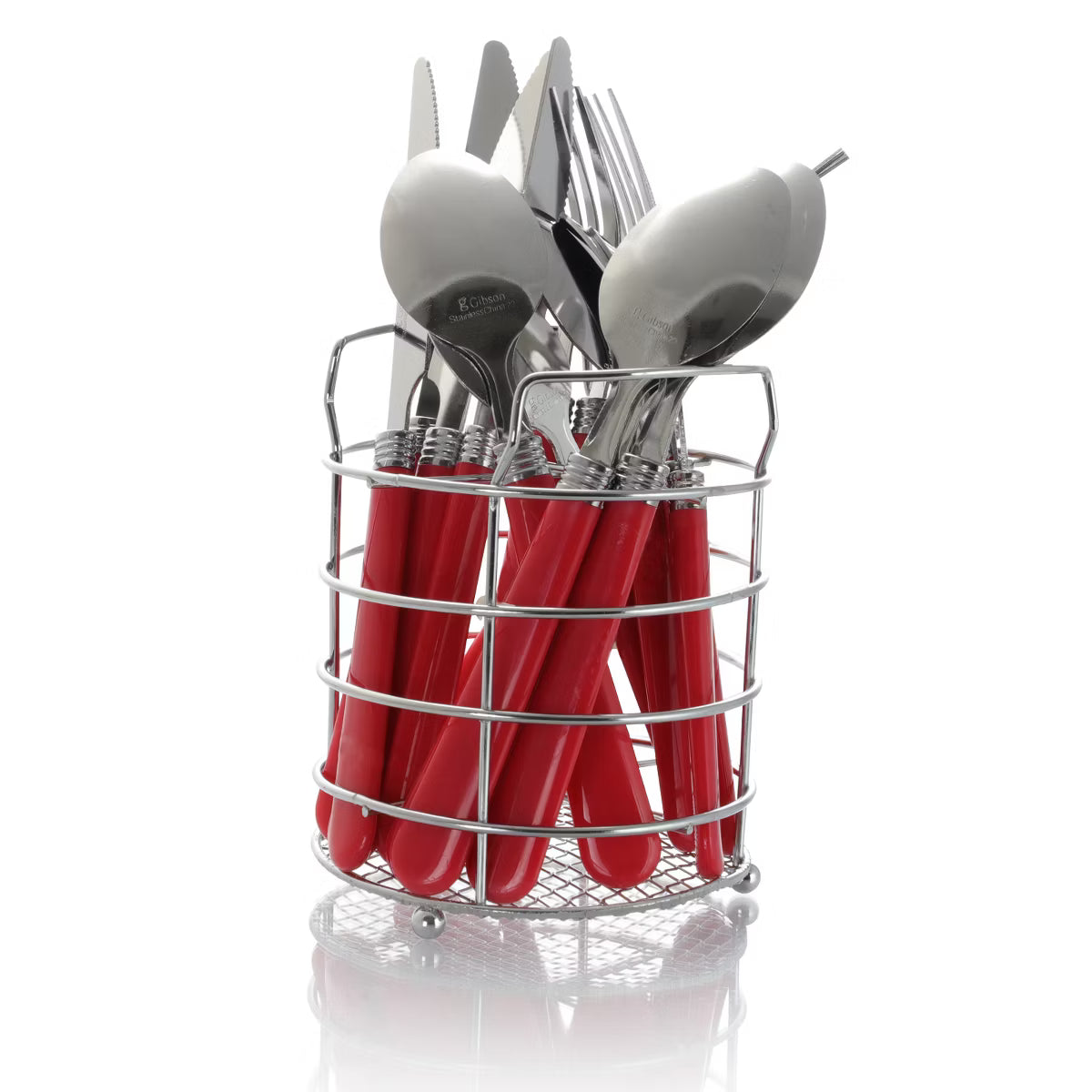 Gibson Sensations 16-Piece Stainless Steel Flatware Set with Metal Caddy - Red