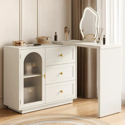 Royalcraft Makeup Vanity Desk, Extendable Corner Vanity Makeup Table with 3 Drawers, Modern Dressing Table for Bedroom, Cream White Makeup Vanity without Mirror